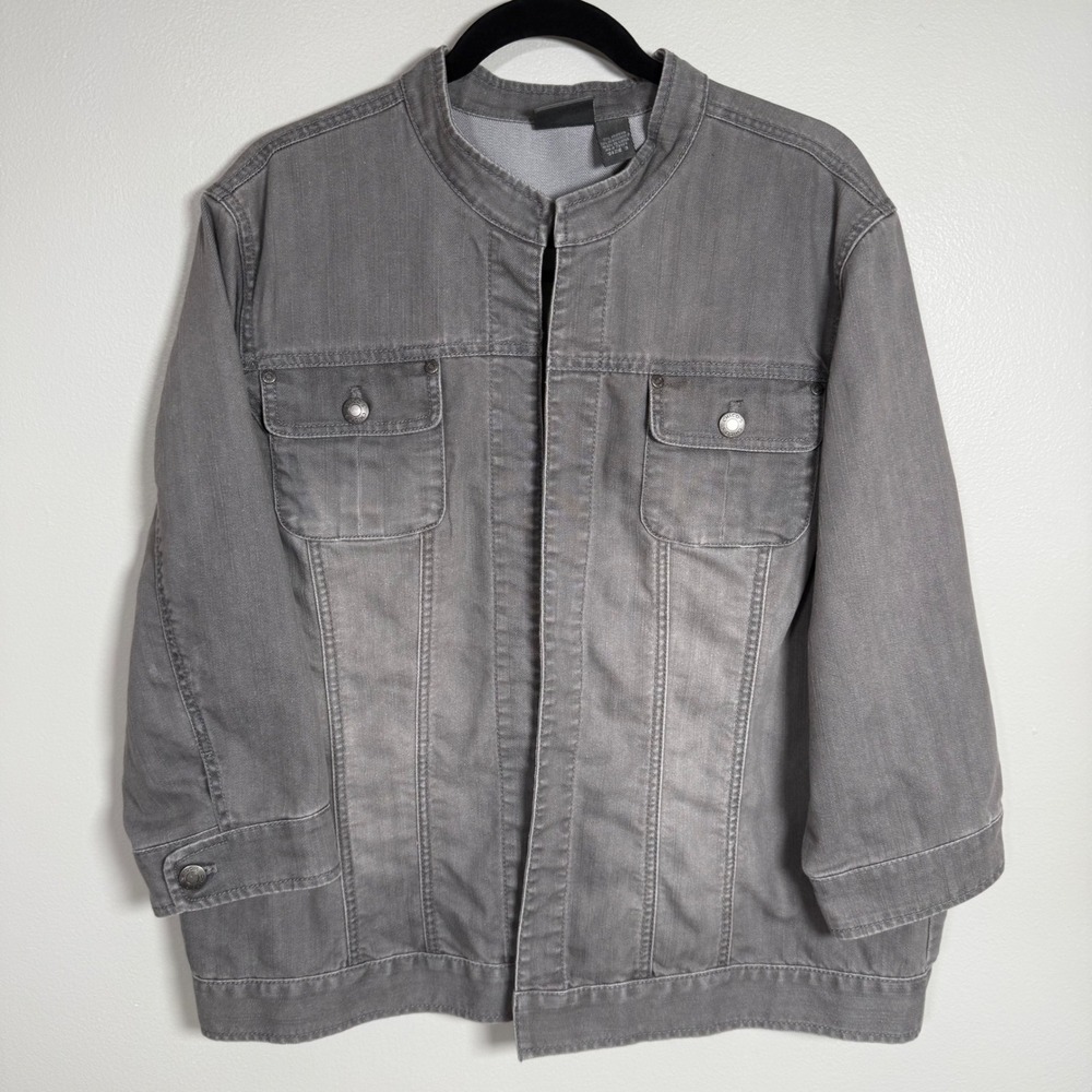 Chicos Additions Gray Denim Jacket Collarless 3/4 Sleeve Size 3 XL Open Front